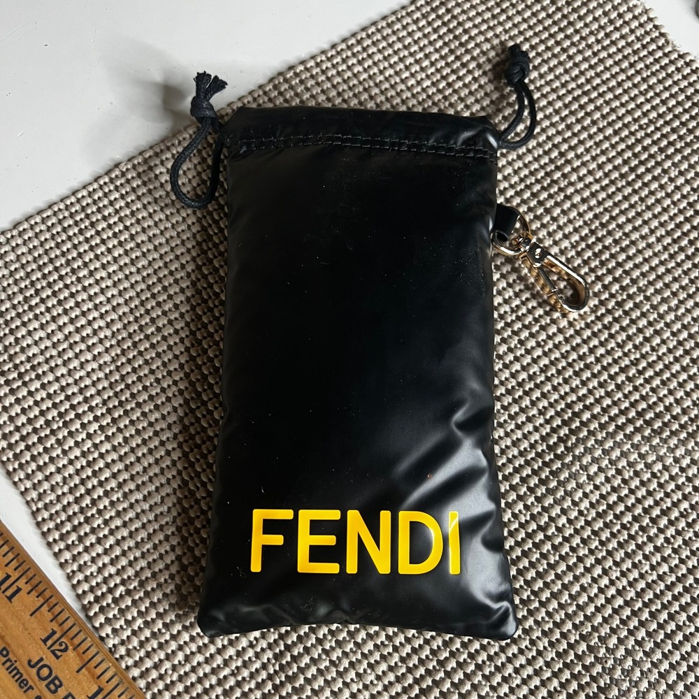Fendi Black Nylon Drawstring Pouch Yellow Logo Sunglasses Case with Clip